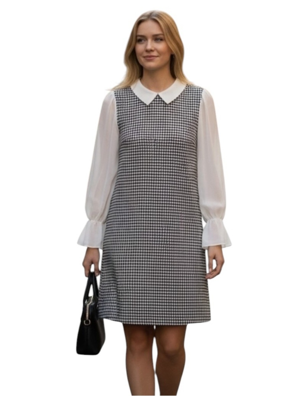Shelby & Palmer Black & White Collared Houndstooth Sheer Sleeves Dress Size 16